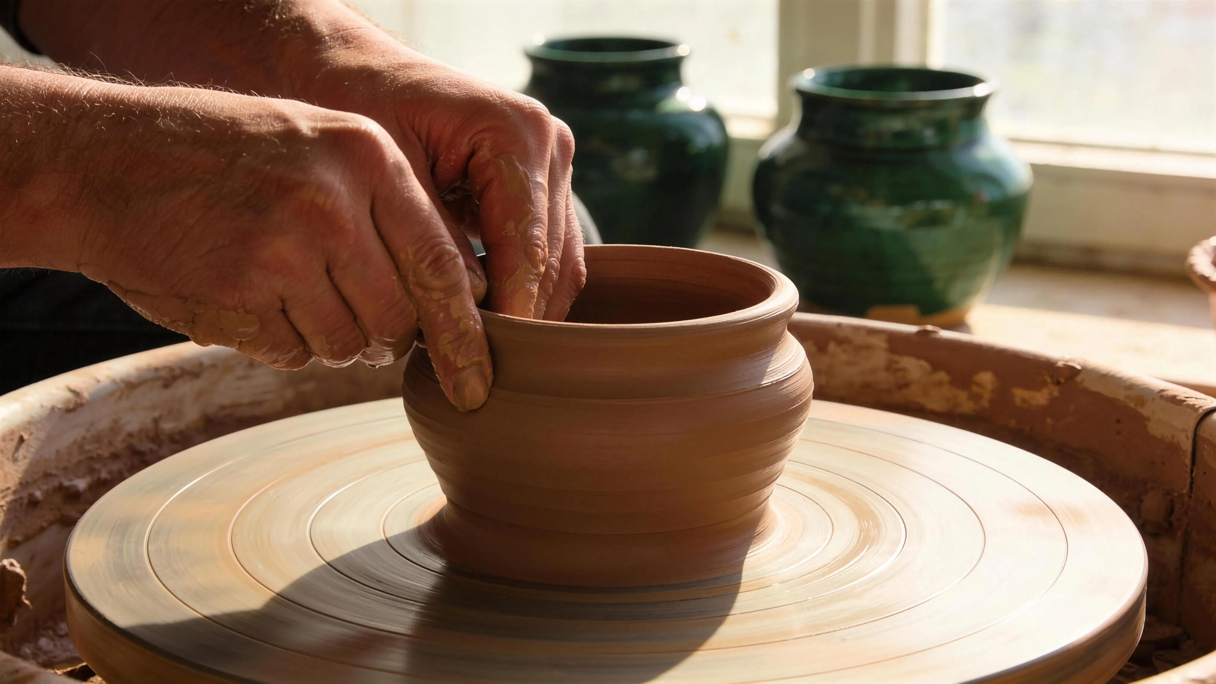 Hands drawing a clay vessel upward on the wheel — green-glazed jars waiting on the sunlit sill behind.