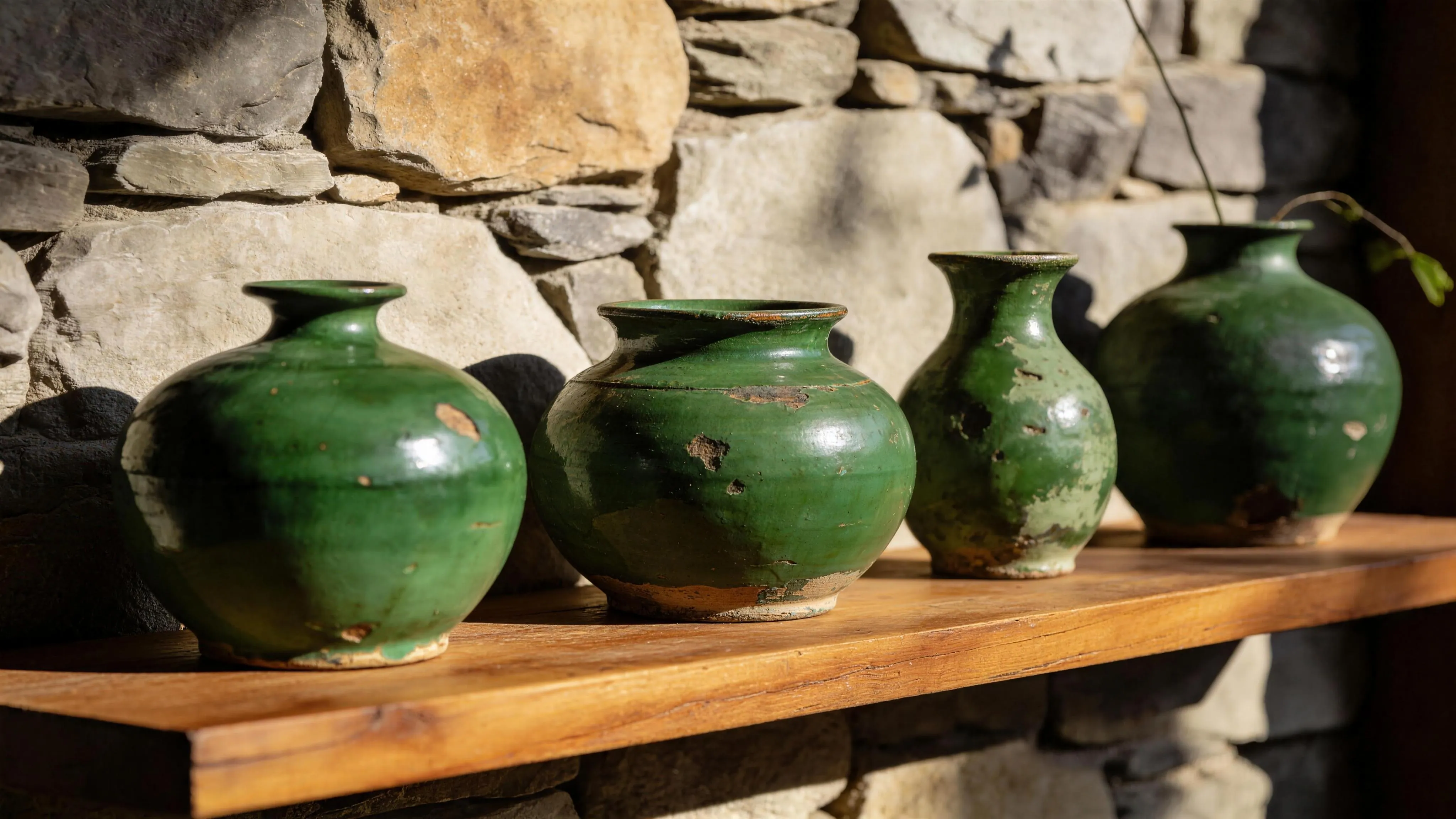 Green-glazed jars lined on a wooden shelf against a stone wall