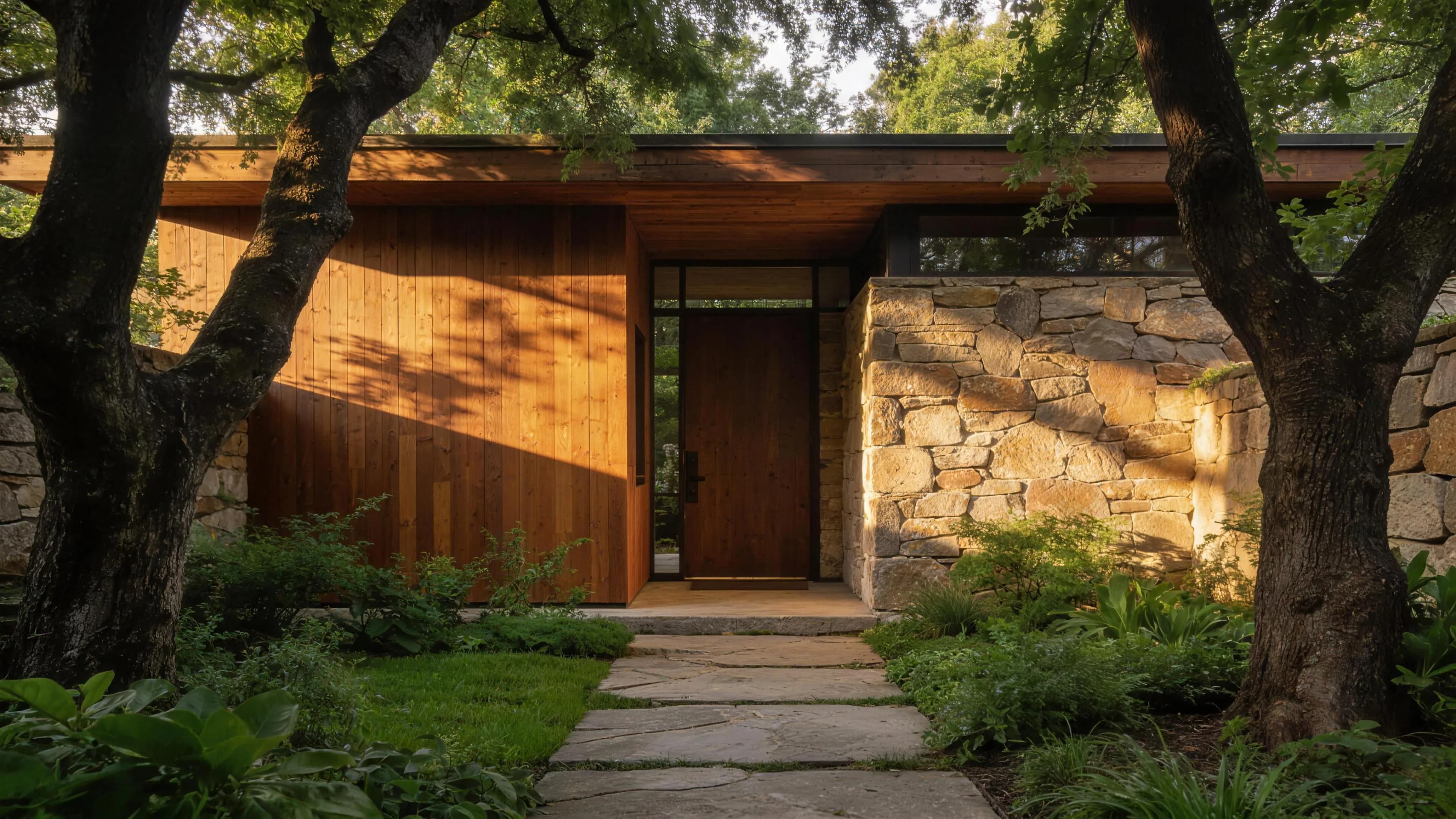 A handcrafted cedar-and-stone entry courtyard in warm afternoon light.