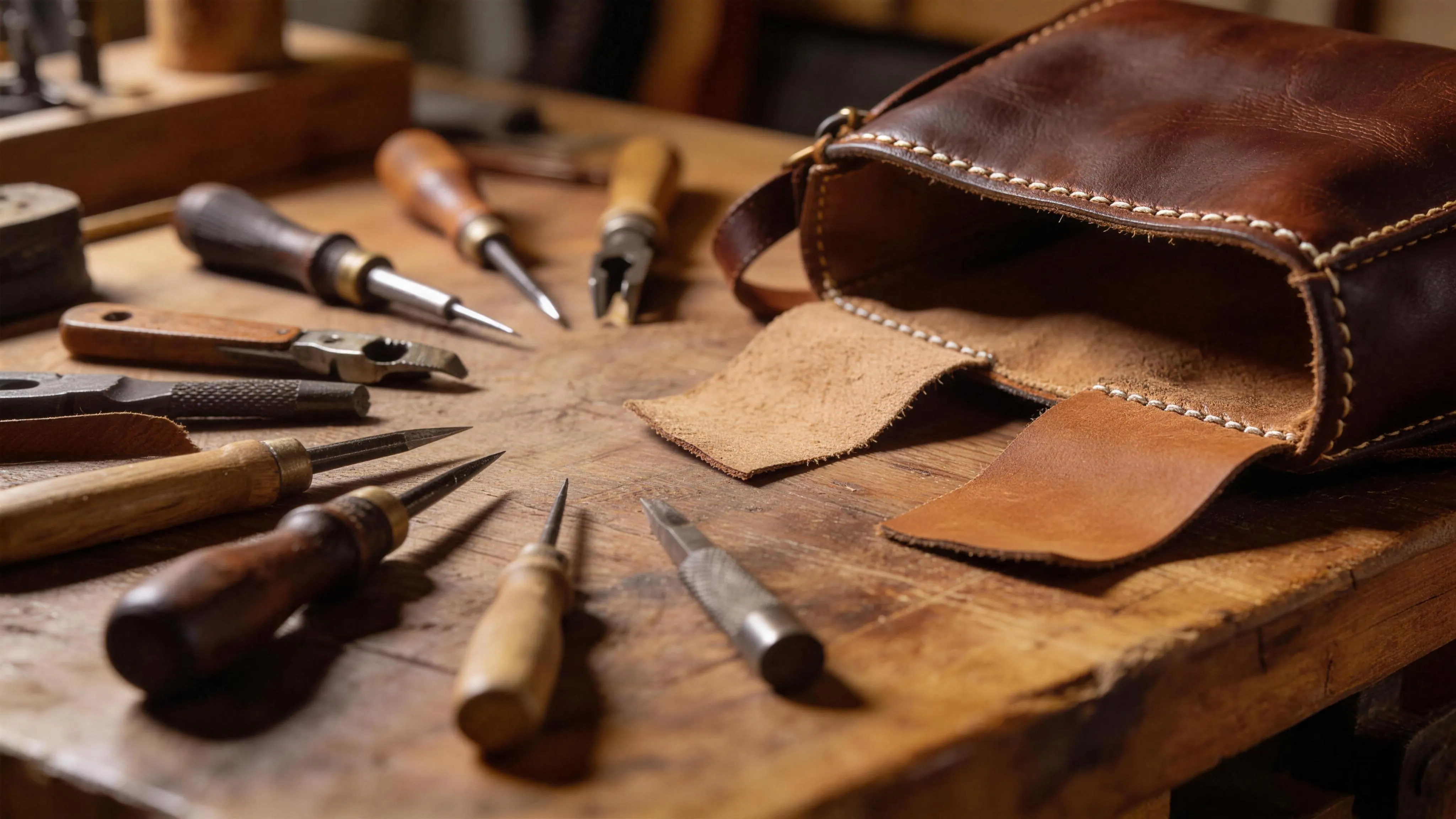 A stitched leather bag and hand tools laid out across a workbench.