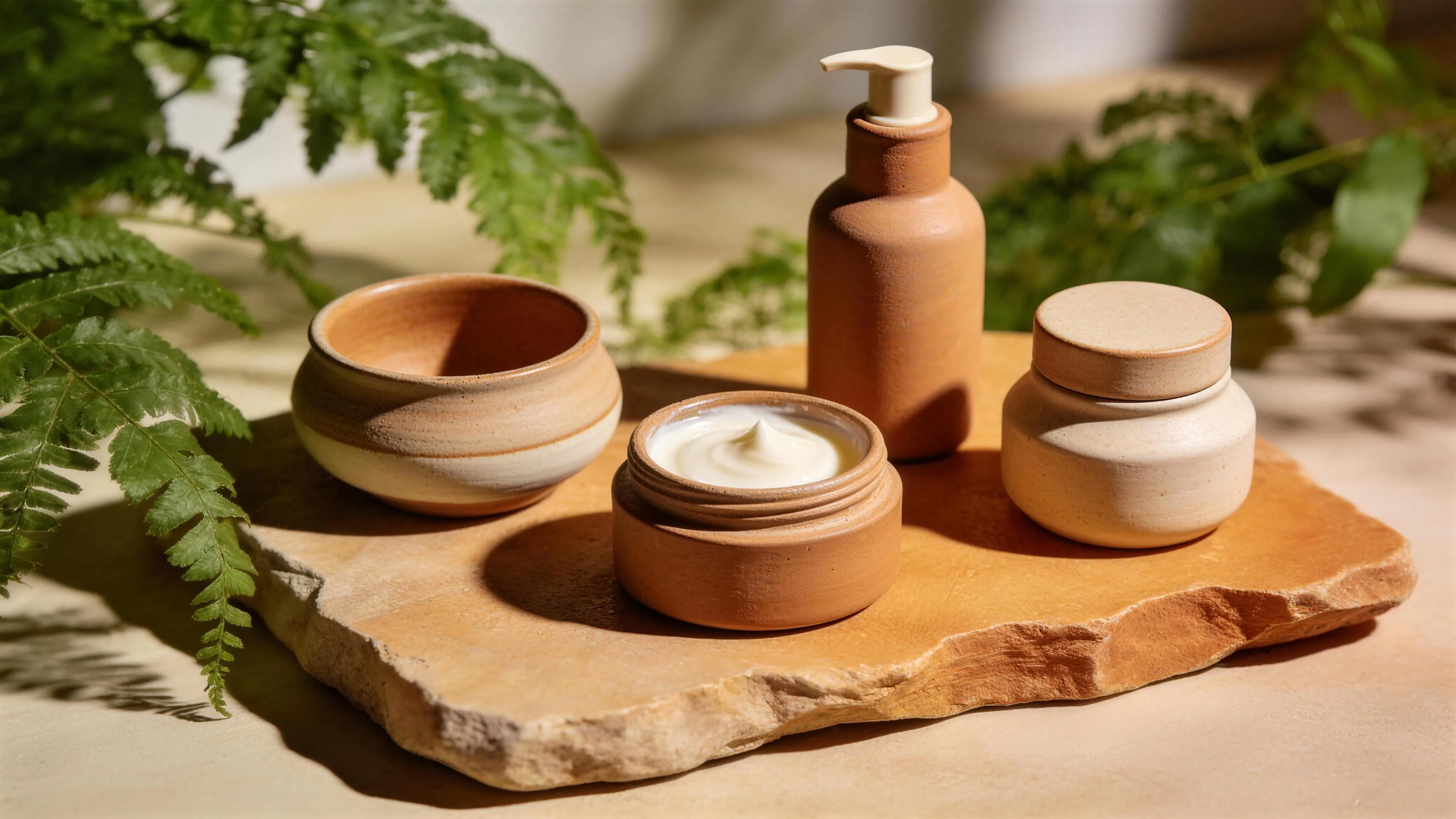 Terracotta skincare vessels arranged on a flat stone among ferns.